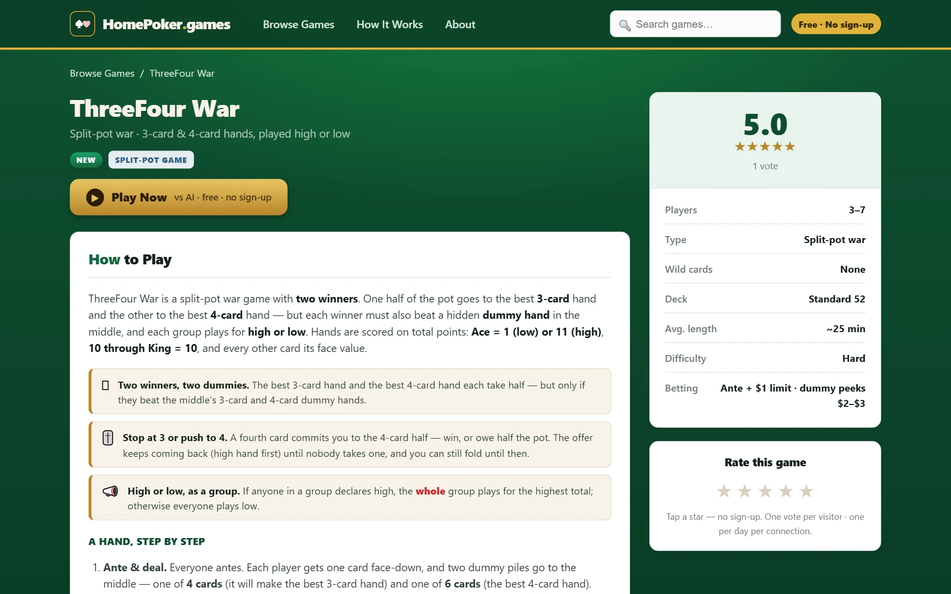 HomePoker.games rules page for ThreeFour War with a hand walkthrough and rating panel