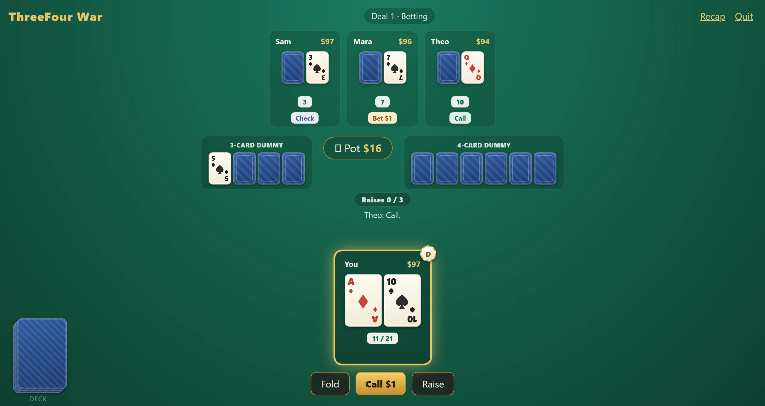 HomePoker.games browser table dealing ThreeFour War against AI opponents