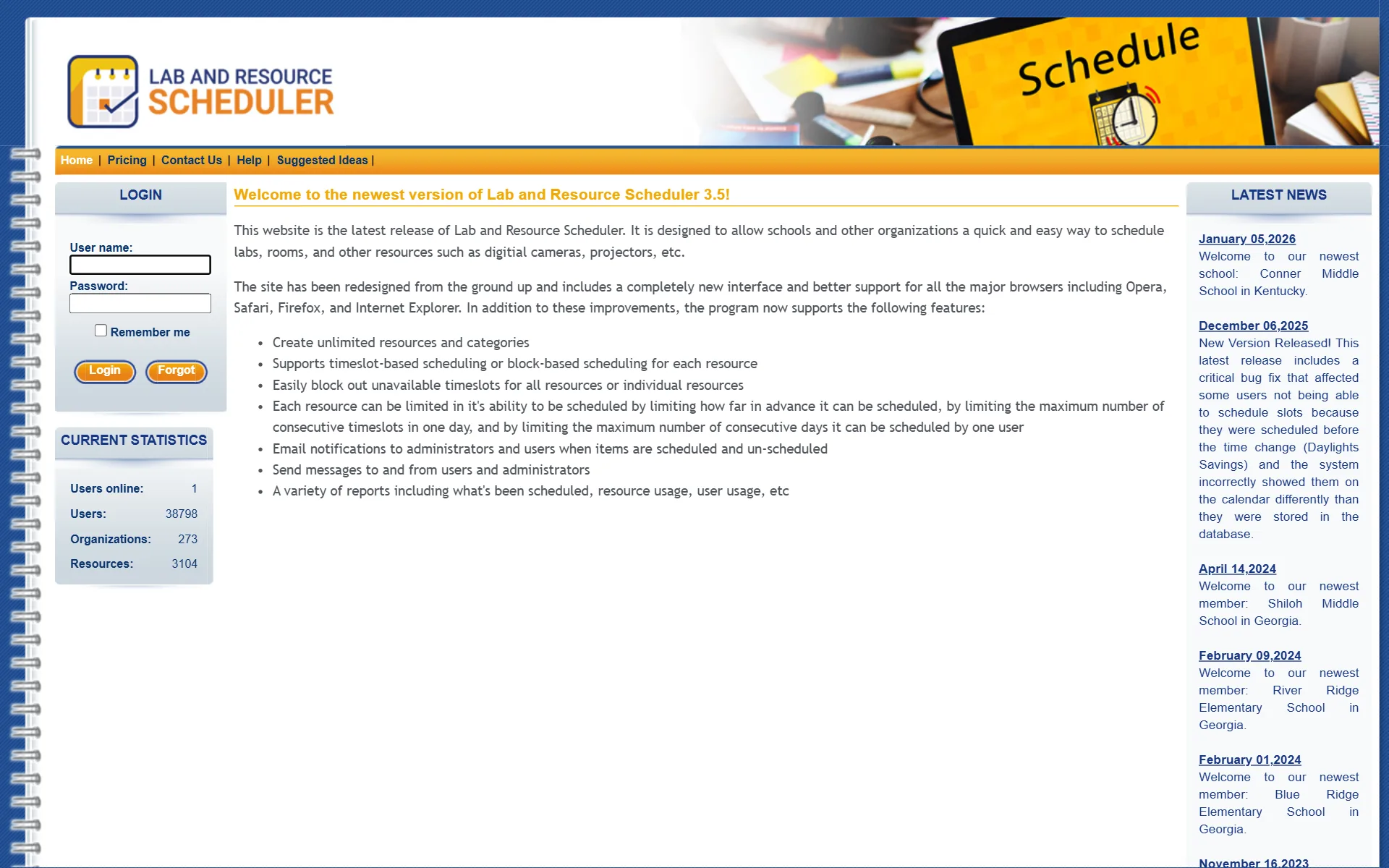 Lab and Resource Scheduler homepage Lab and Resource Scheduler homepage with sign-in, usage statistics, the feature list, and a news feed welcoming new schools